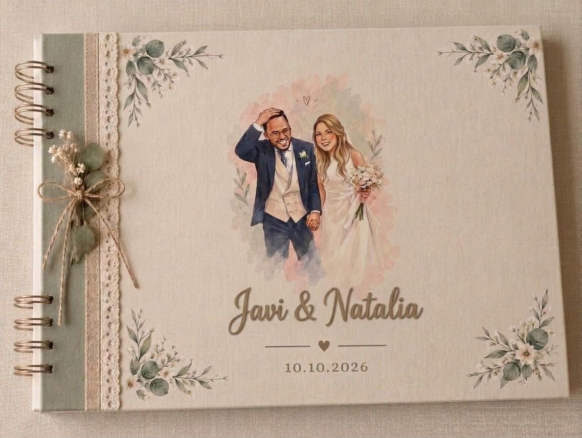 Álbum de firmas de la boda de Javi y Natalia, con retrato de los novios en acuarela, ramas de eucalipto, encaje y lazo de cordel en el lomo