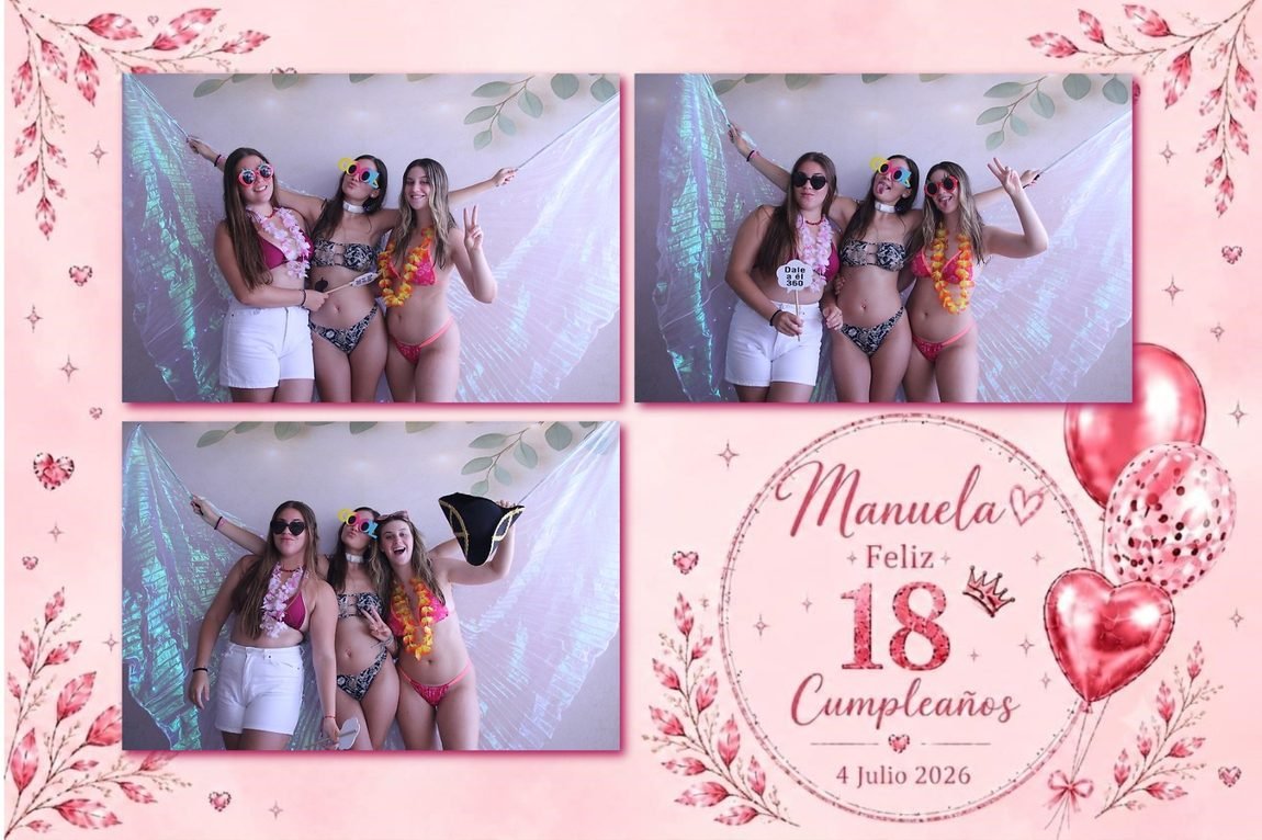 Plantilla de fotomatón de un 18 cumpleaños, con diseño rosa de globos y tres fotos de amigas