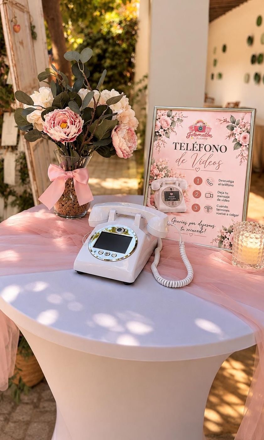 Teléfono de vídeos blanco de estilo retro con pantalla y cámara, sobre una mesa con tul rosa, flores y el cartel con las instrucciones